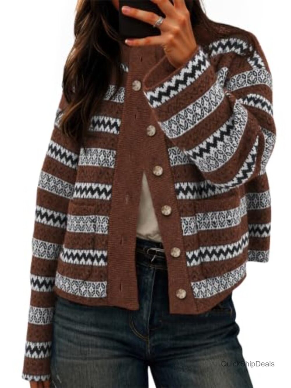 Women's Fair Isle Cardigan Long Sleeve Mock Neck Knit Sweater